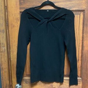 Black Ribbed Knit Sweater with Unique twist neckline